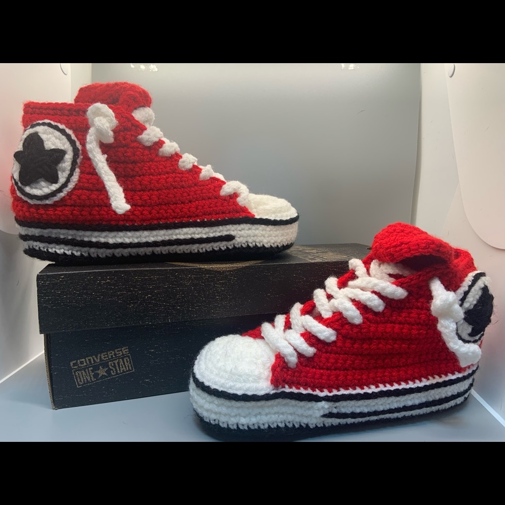 Handmade crochet size 6-7 adult. Red Converse “looking” slippers.